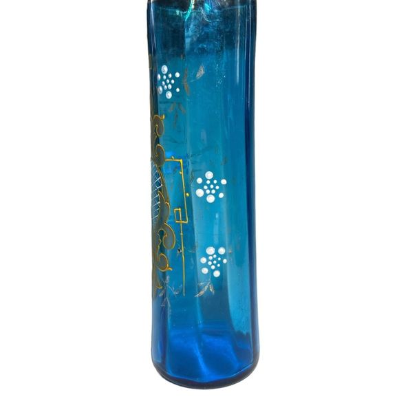 Rare Vintage Hand Painted Blue and Gold Enameled Glass Bud Vase - Picture 2 of 8